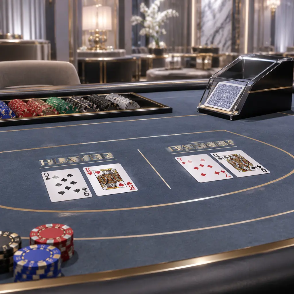 Meja baccarat dengan kartu dan cip pada area Player dan Banker