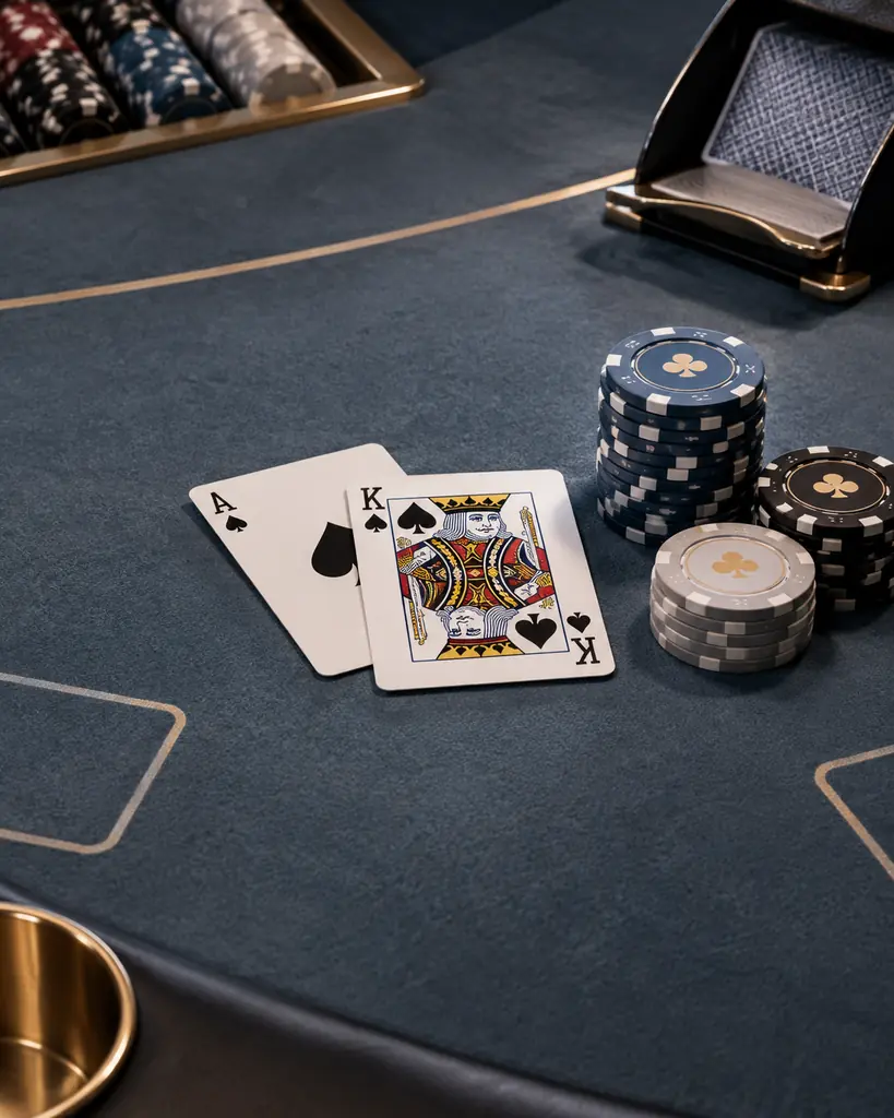 Kartu as dan raja serta cip pada meja blackjack kasino