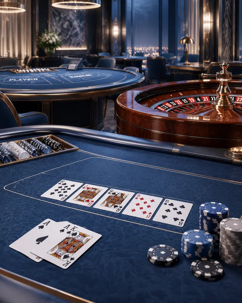 Meja poker, roda roulette, dan susunan meja baccarat dalam interior kasino