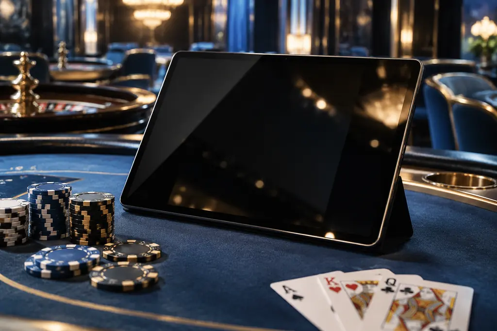 Tablet di meja kasino dengan kartu dan cip di sampingnya