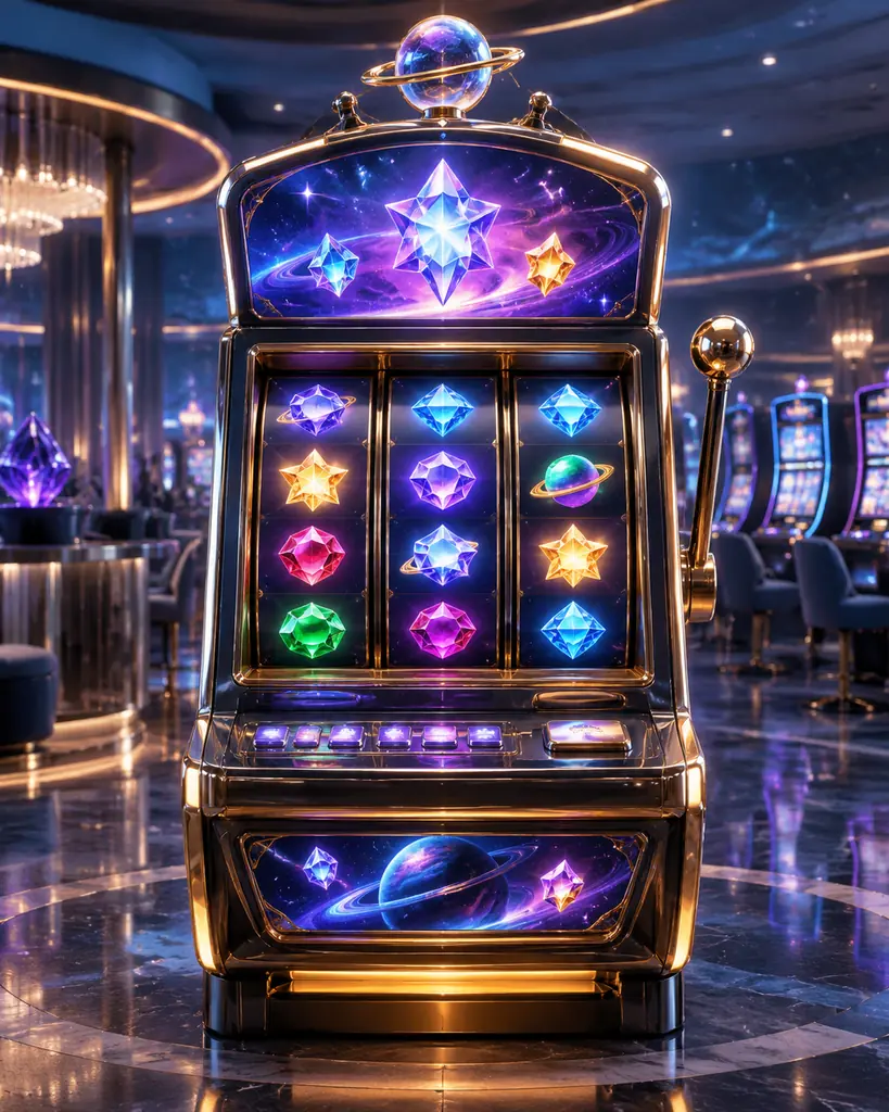 Mesin slot bertema angkasa dan permata di area kasino