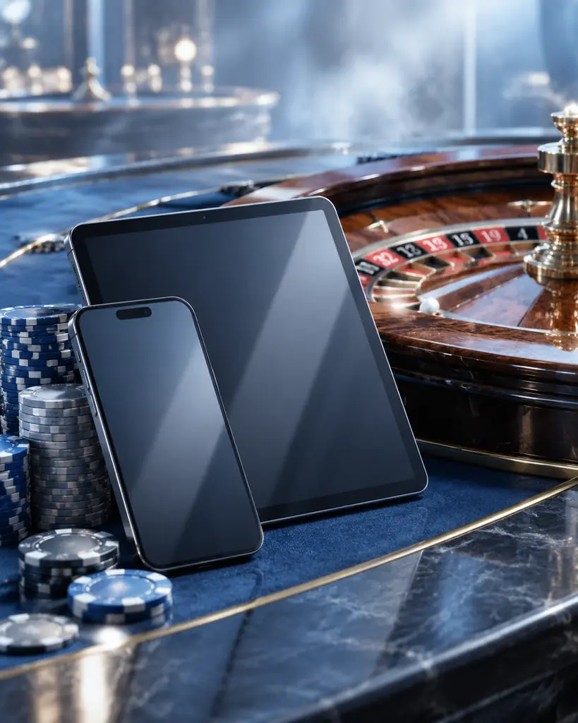 Ponsel dan tablet di samping roda roulette kecil dan cip kasino
