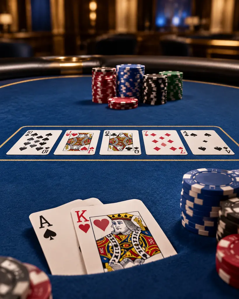 Dua kartu tertutup, kartu komunitas, dan cip pada meja poker